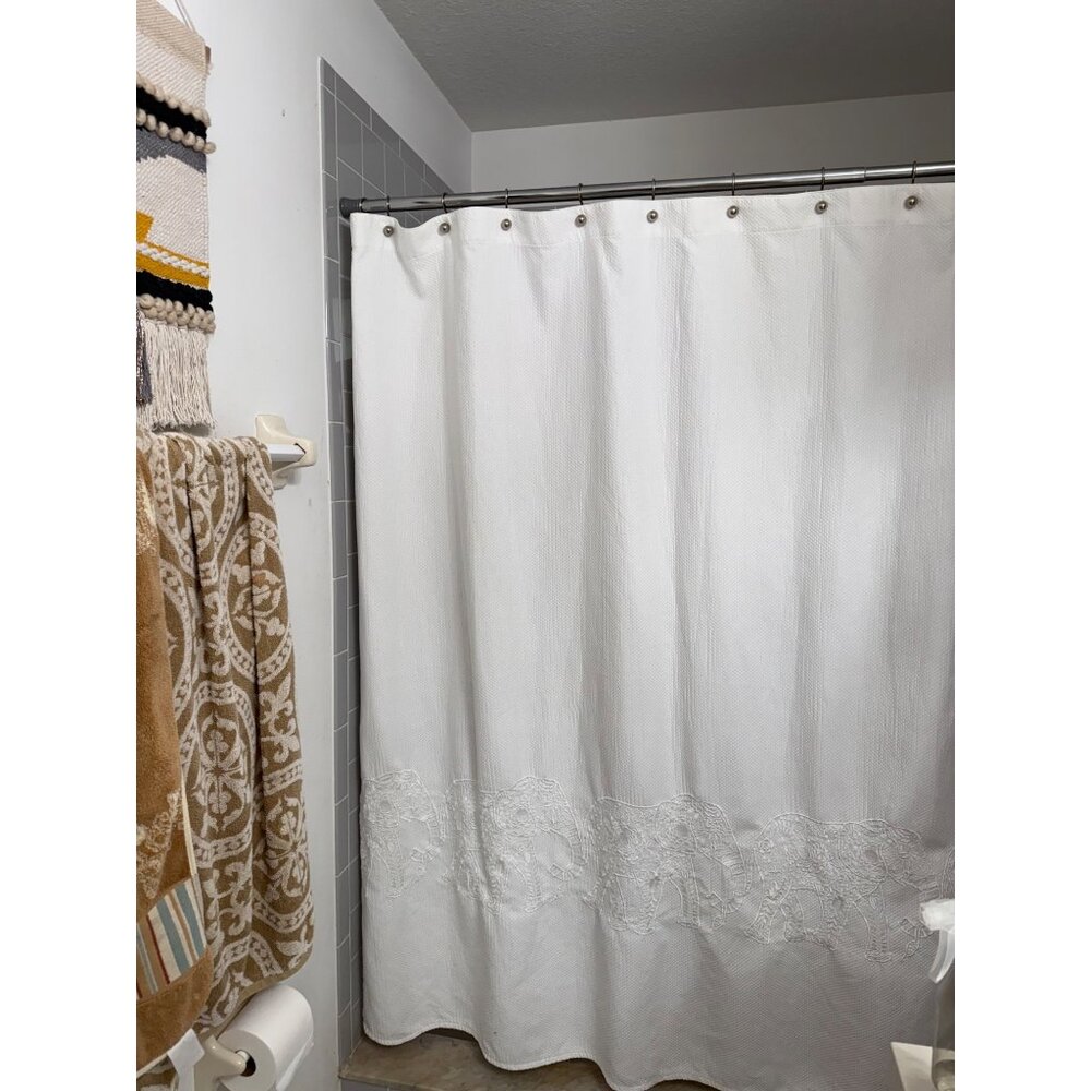 Hotel White Embroidered Elephant Fabric Textured Shower Curtain Bathroom Decor